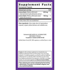 New Chapter Lemon Balm Force capsules displayed for daily calm and focus use.