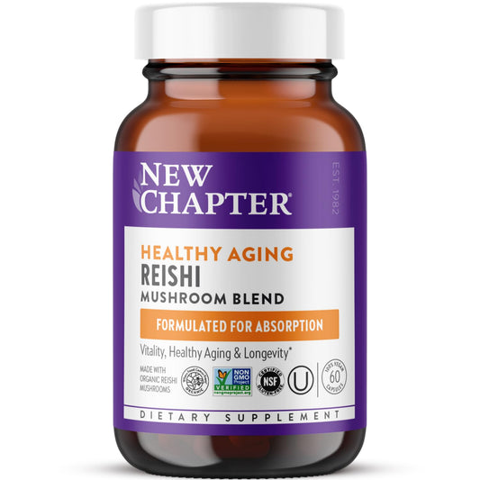 New Chapter LifeShield Reishi bottle promoting vitality through convenient capsules.
