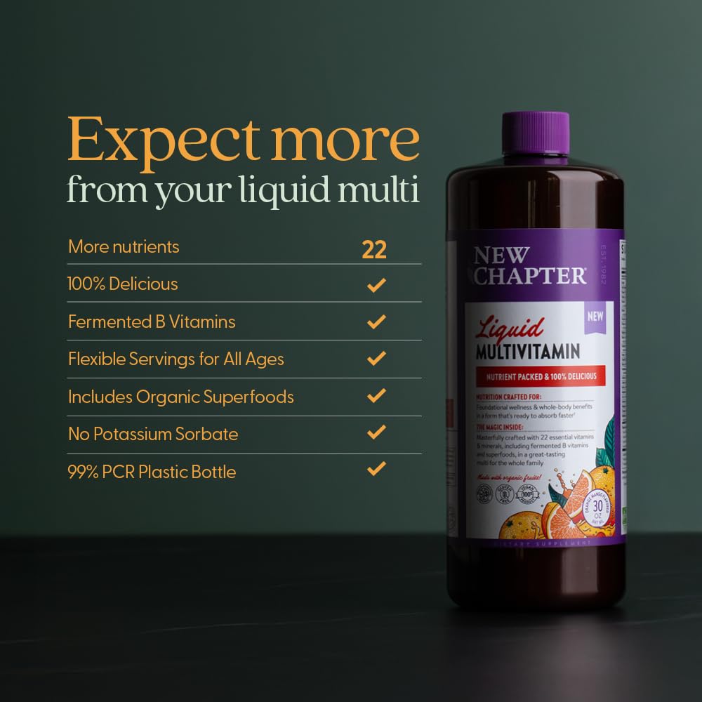 New Chapter family-table scene with orange mango liquid multivitamin