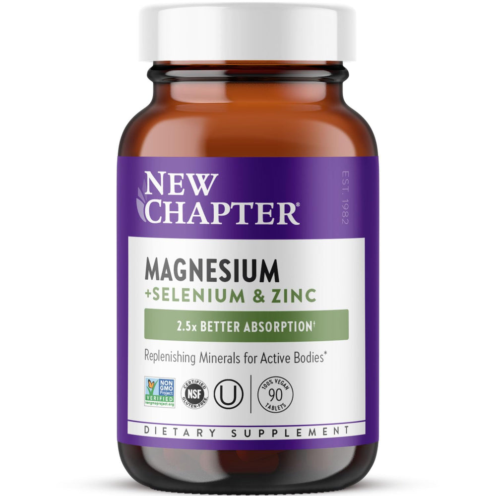New Chapter magnesium-selenium-zinc tablet bottle front—supports post-exercise recovery and daily mineral balance.
