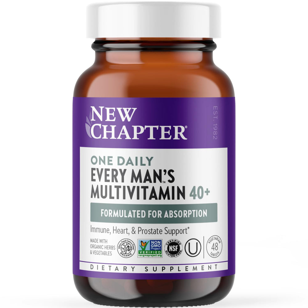 New Chapter Men's Multivitamin 40+ bottle label signals comprehensive daily support.