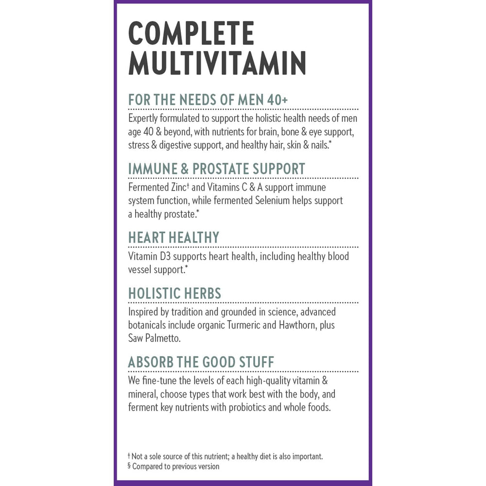 New Chapter Men's Multivitamin 40+ ingredients list showcases fermented nutrients for absorption.