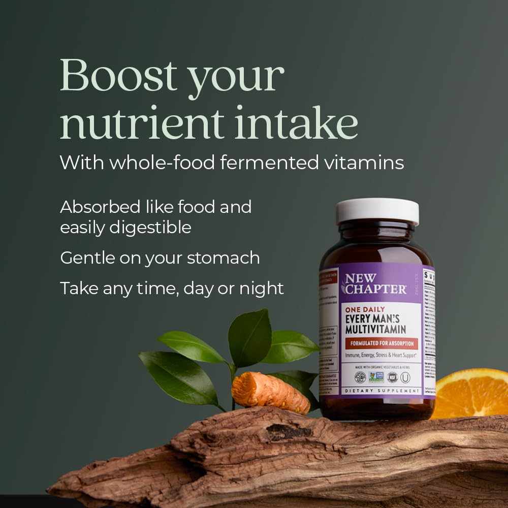 New Chapter Men’s Multivitamin tablet texture highlighted for easy digestion.