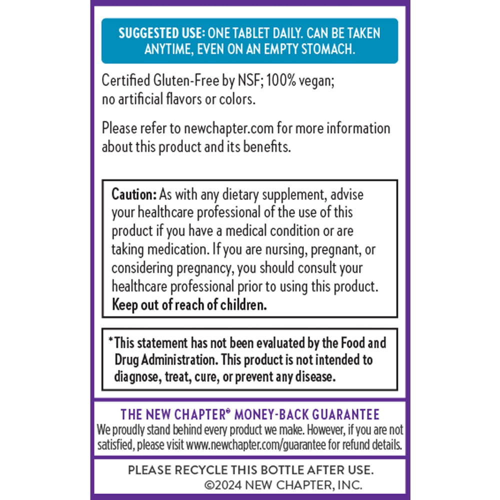 New Chapter packaging highlighting organic and vegan certifications