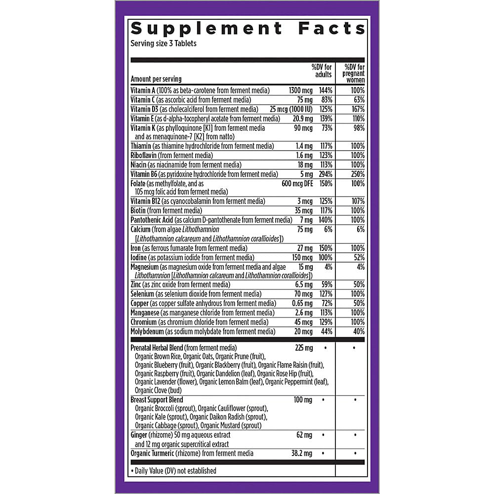 New Chapter Perfect Prenatal label close-up highlighting Folate, Iron, and D3 content