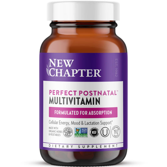 New Chapter Postnatal Vitamins bottle label highlighting organic ingredients and lactation support