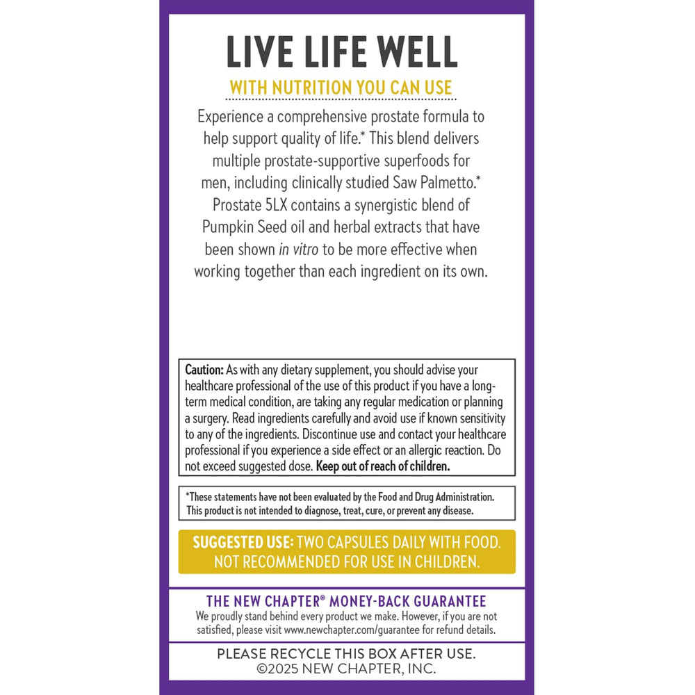 New Chapter Prostate 5LX nutrition label close-up, fermented selenium supports antioxidant balance.
