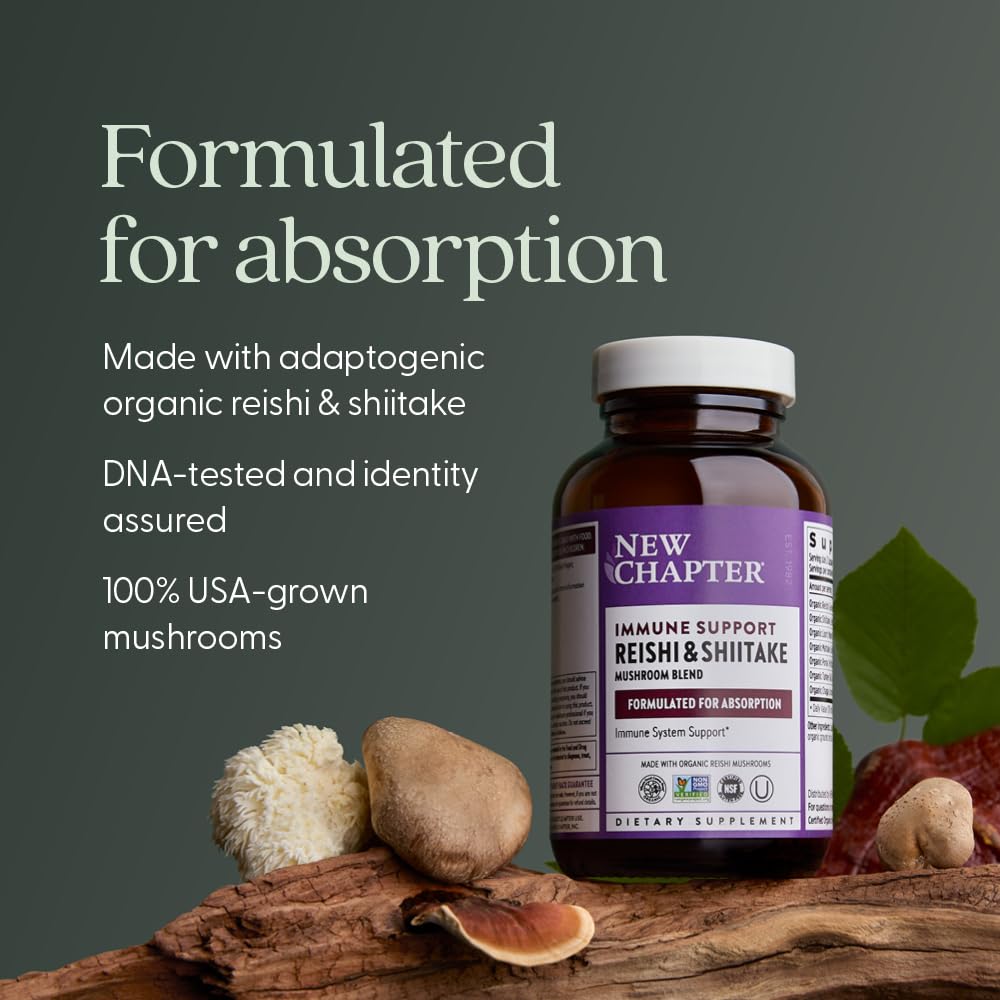 New Chapter Shiitake mushroom capsules offer full-spectrum nutrition for steady energy.