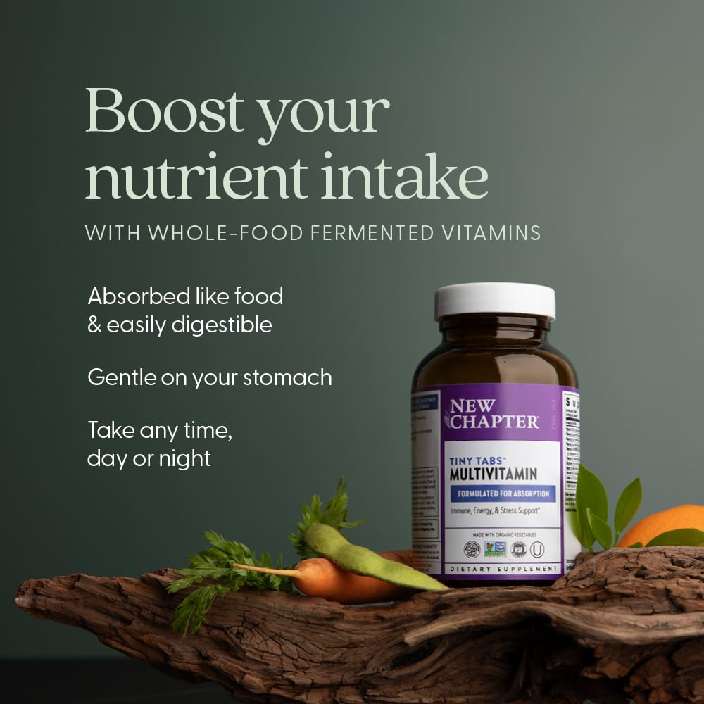 New Chapter Tiny Tabs multivitamin bottle back showing ingredient highlights and certifications.