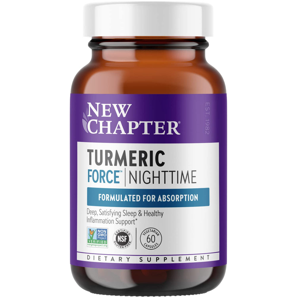 New Chapter Turmeric Force Nighttime bottle front for non-drowsy sleep support