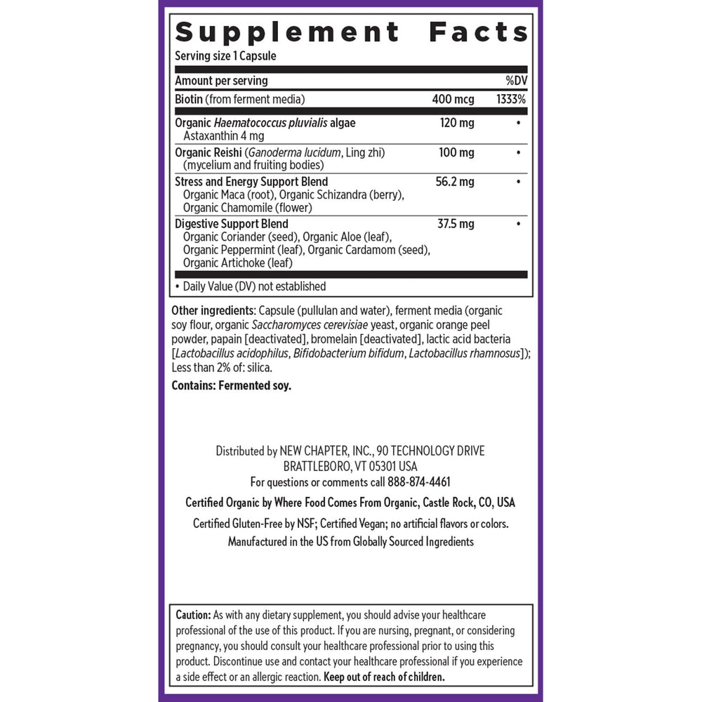 New Chapter vegan, non-GMO, kosher certifications on packaging indicate quality.