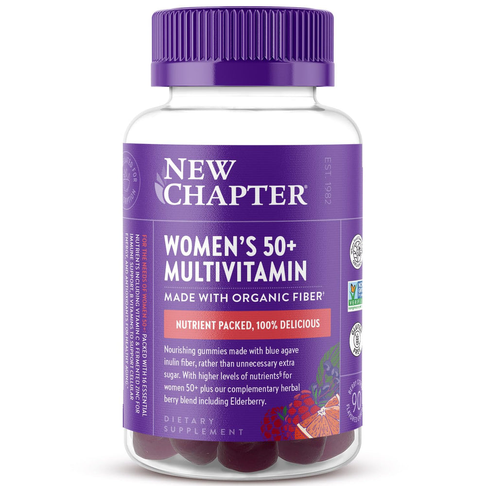 New Chapter Women's 50+ multivitamin gummies bottle shown with berry citrus flavor for daily use