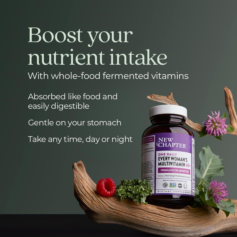 New Chapter Women’s One Daily 40+ near-fermentation visuals emphasize absorption-friendly nutrients.