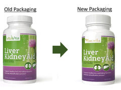 New Green Nutrition Liver Kidney Aid ingredients label highlighting milk thistle, dandelion, and artichoke.