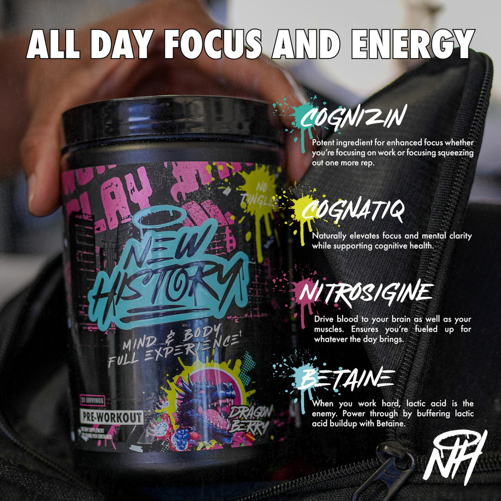 New History Dragon Berry tub closeup label highlights flavor and clean ingredients for daily use