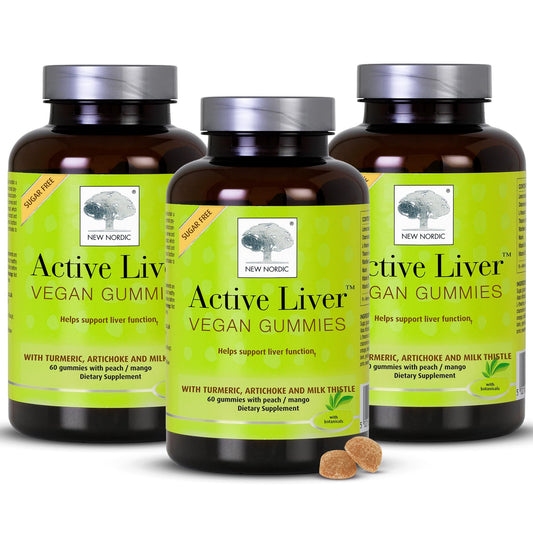 New Nordic Active Liver Gummies bottle on kitchen counter for daily liver support.