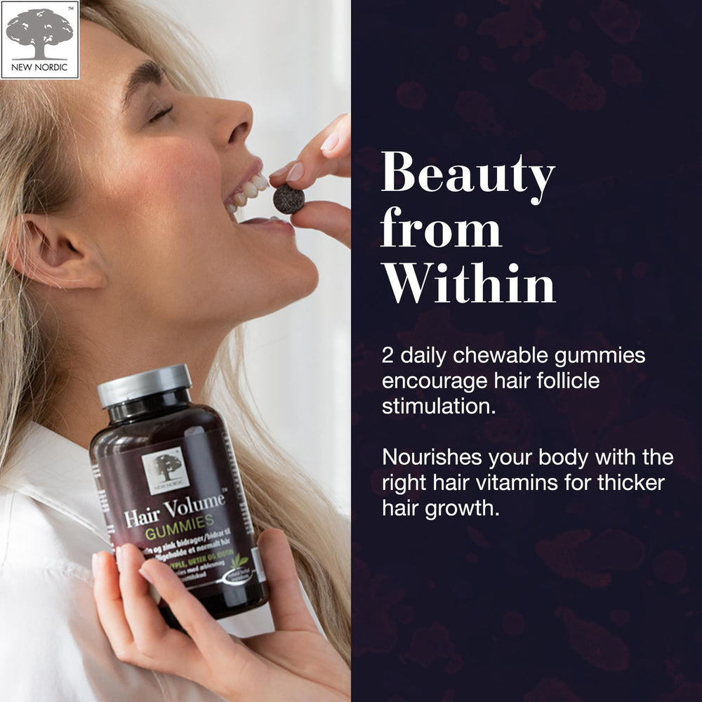NEW NORDIC Hair Volume Gummies ingredient label emphasizes biotin and botanicals