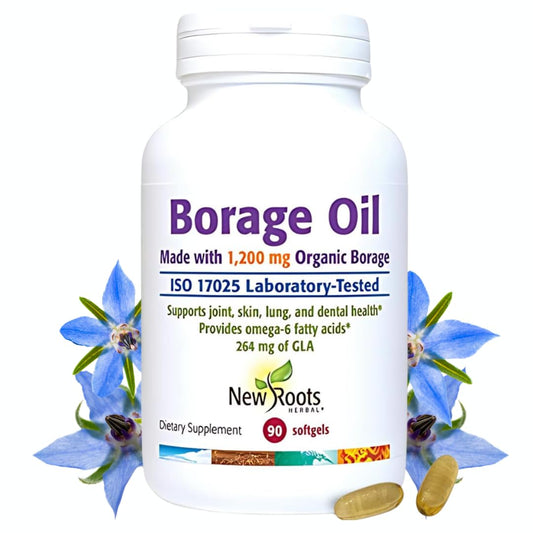NEW ROOTS HERBAL borage oil softgel bottle highlighting hexane-free formulation for skin and mobility.