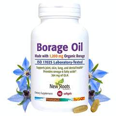 NEW ROOTS HERBAL borage oil softgel bottle highlighting hexane-free formulation for skin and mobility.