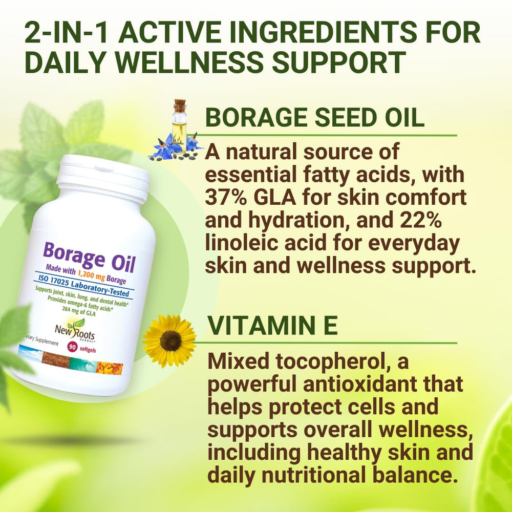 NEW ROOTS HERBAL softgel capsules ready for daily use with omega-6 content.