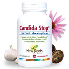New Roots Herbal Candida Cleanse bottle shows 90 capsules for daily gut balance.