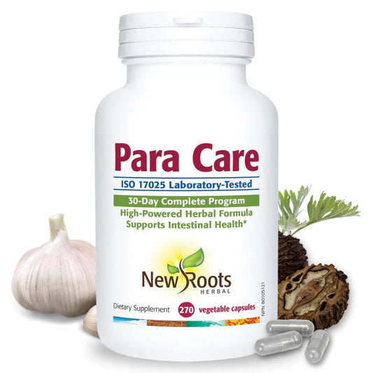 New Roots Herbal Para Care bottle front for daily plant-based gut support.