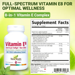 New Roots Herbal Vitamin E bottle on shelf with clear quality labeling