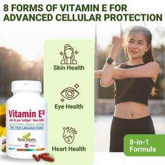 New Roots Herbal Vitamin E 400 IU capsules being poured for daily antioxidant support