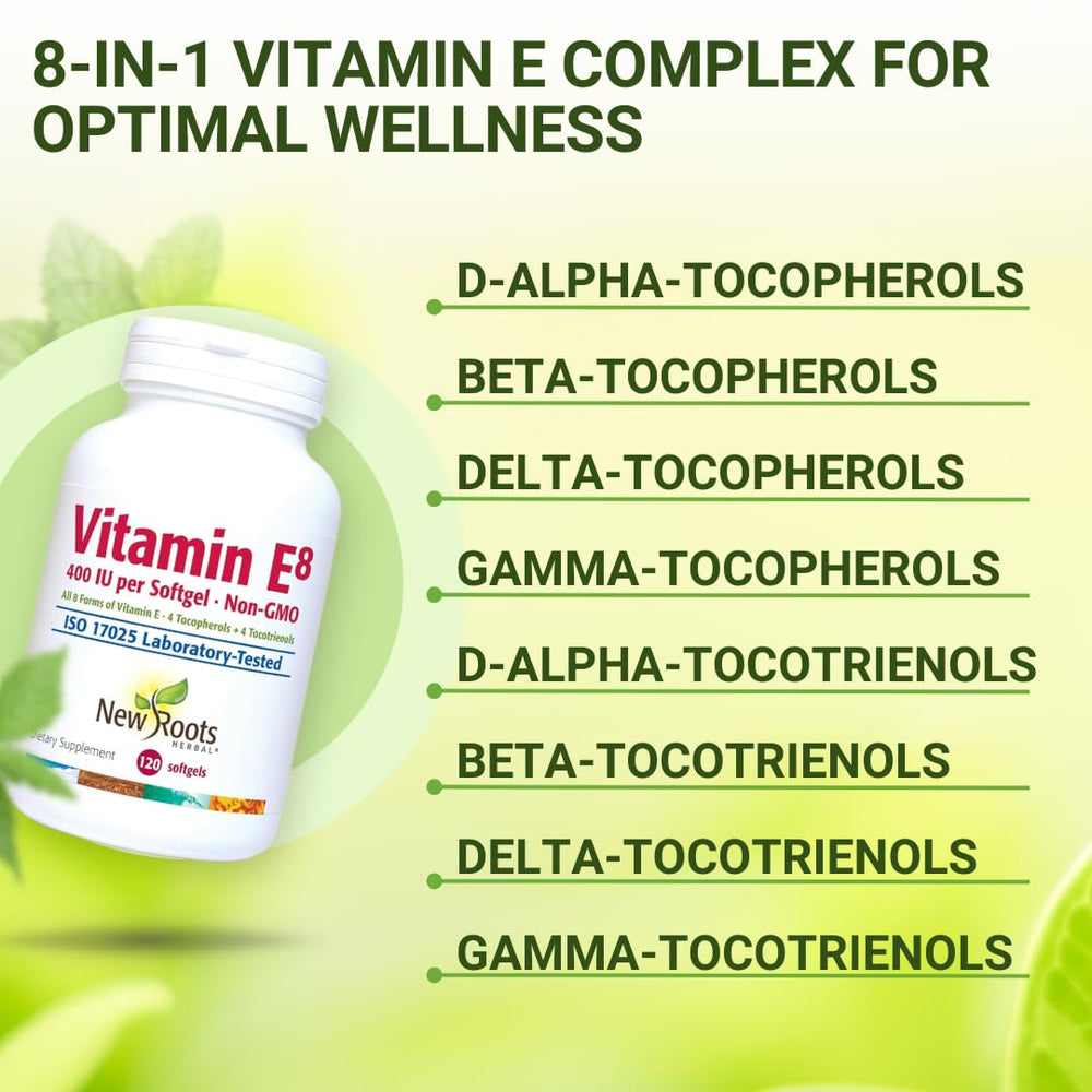 New Roots Herbal Vitamin E 400 IU label highlights full-spectrum tocopherols and tocotrienols