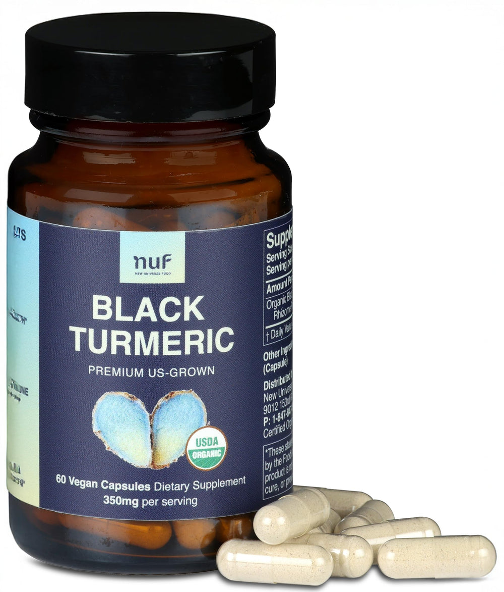 New Universe Food NUF Black Turmeric bottle with 350mg capsules for daily joint support.