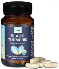 New Universe Food NUF Black Turmeric bottle with 350mg capsules for daily joint support.