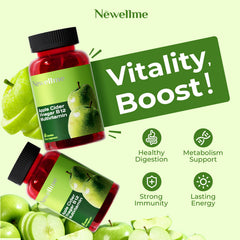 NEWELLME ACV Gummies ingredients panel highlighting sugar-free, vegan, and gelatin-free formula