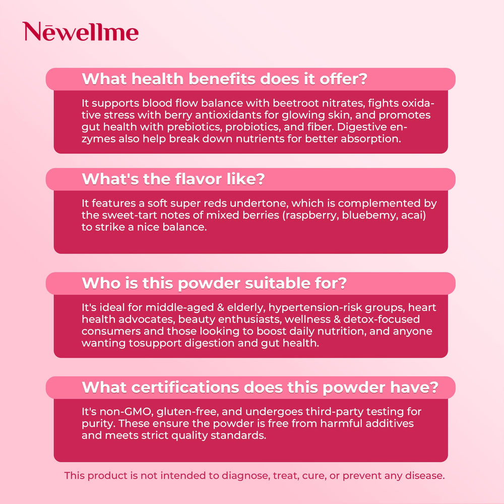 NEWELLME Balance Master powder dispenses into a glass with berry aroma.