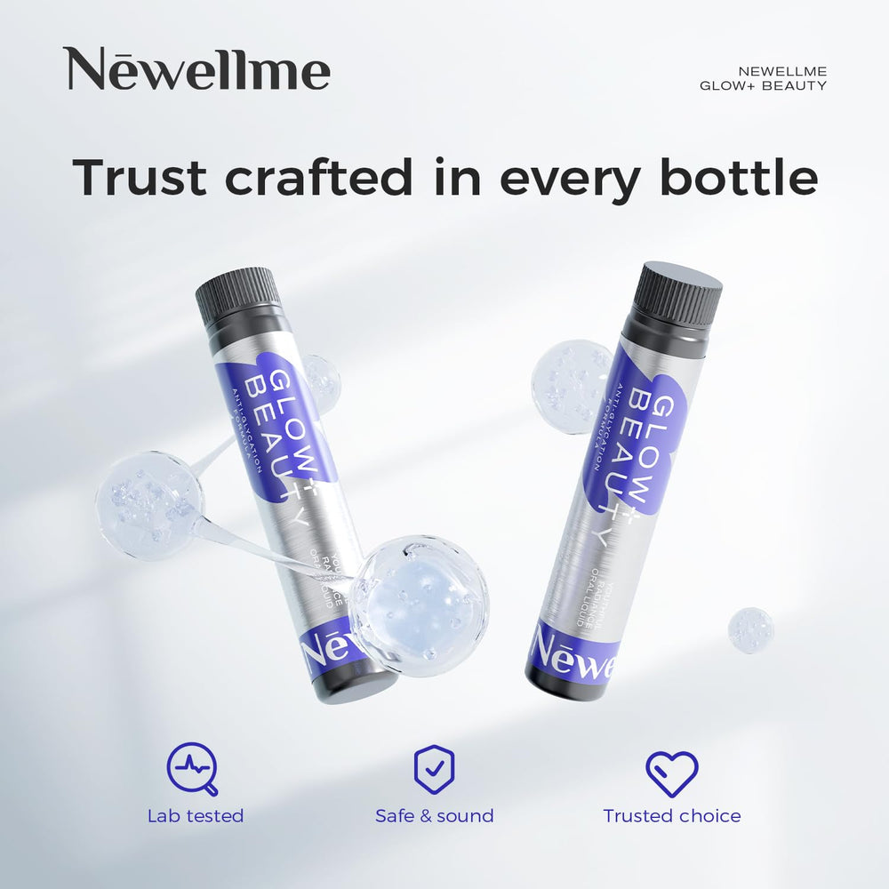 NEWELLME Glow+Beauty label detail highlights premium formula and clean ingredients.