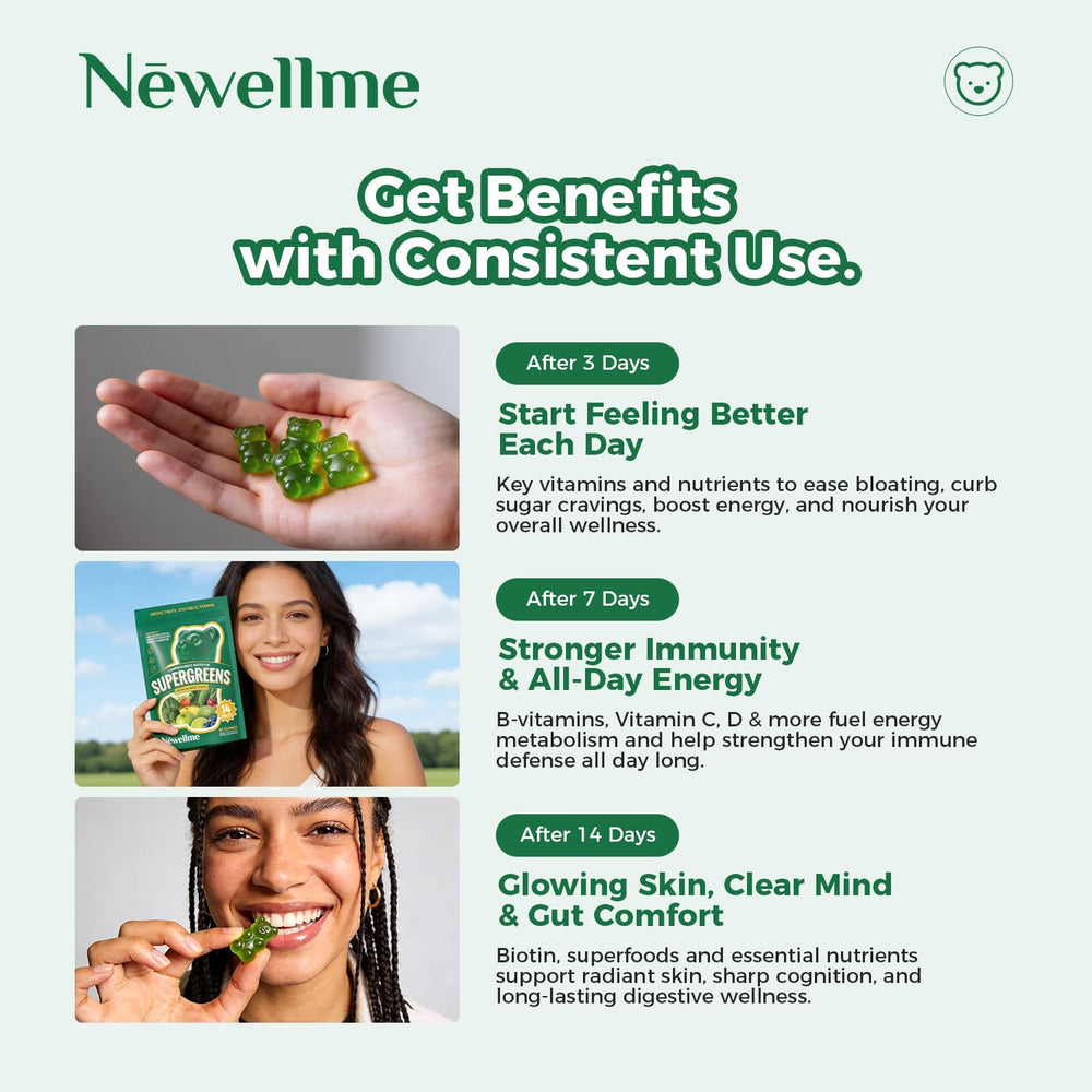 NEWELLME Super Greens Gummies greens blend with spirulina and kale for digestion.