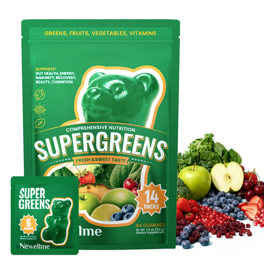 NEWELLME Super Greens Gummies hero pack for on-the-go wellness.