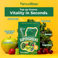 NEWELLME Super Greens Gummies label highlighting antioxidants and immune support.