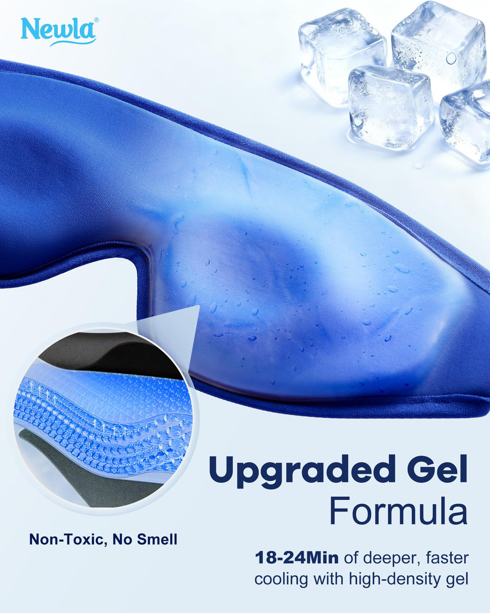 NEWLA gel eye mask with soft fabric is reusable and gentle on skin.