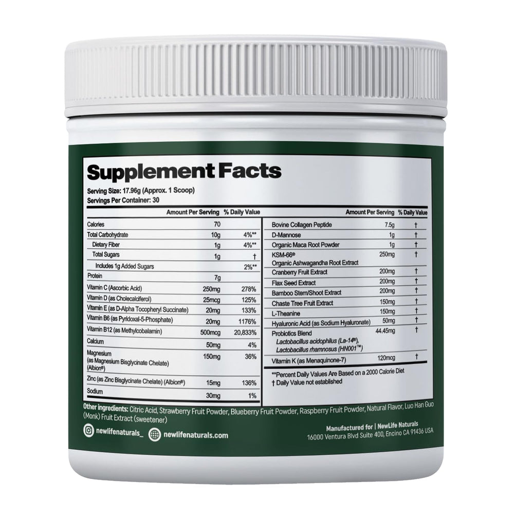 NewLife Naturals MenoBalance+ ingredients closeup reveals D-Mannose and Hyaluronic Acid benefits