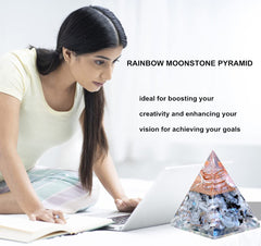 NewMainOne Rainbow Moonstone orgonite pyramid detail shows artisanal craftsmanship.