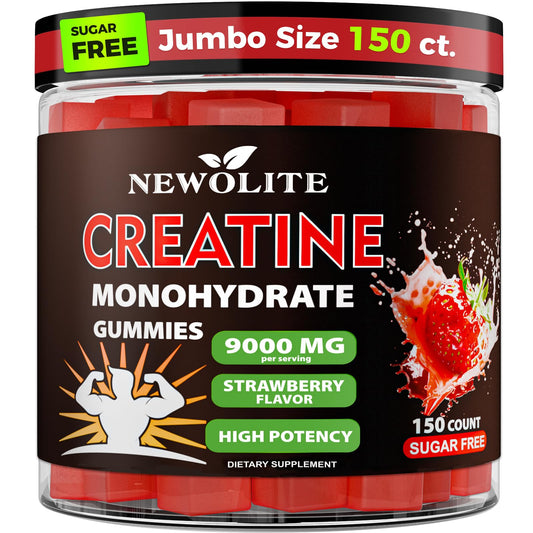 NEWOLITE Creatine Monohydrate Gummies bottle front showing strawberry flavor for daily use