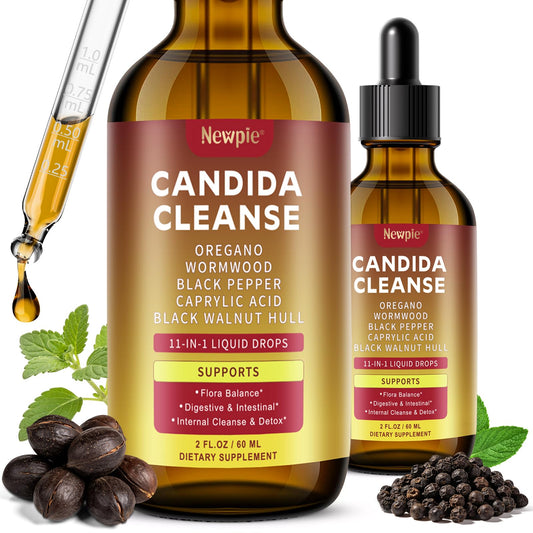 Newpie Candida Cleanse bottle with pourable dropper for easy daily dosing.