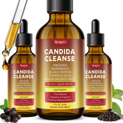 Newpie Candida Cleanse bottle with label highlighting gentle gut balance.