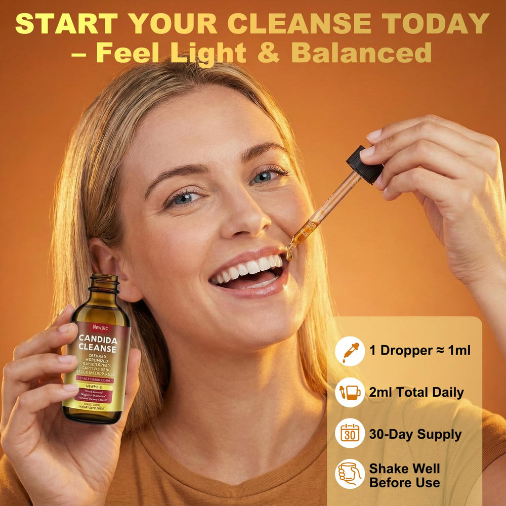 Newpie Candida Cleanse bottle close-up showing plant-based, non-GMO formula.