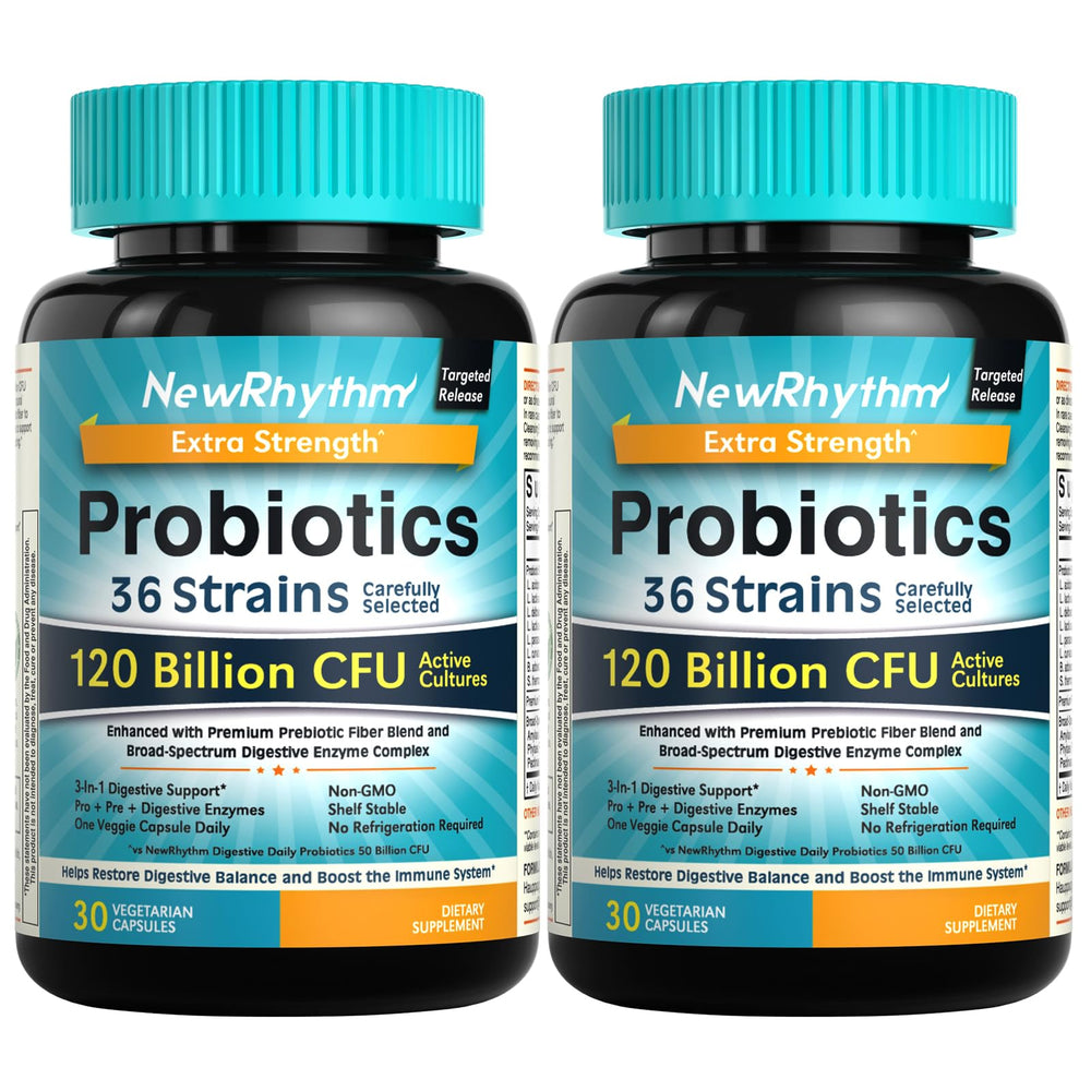 NewRhythm Probiotics 120 Billion CFU bottle supports gut balance.