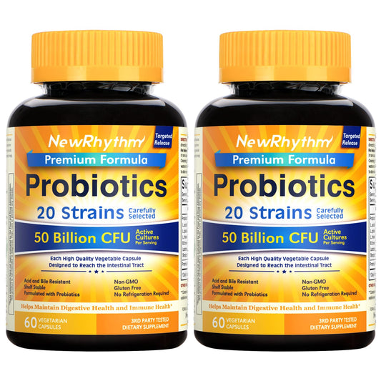 NewRhythm Probiotics bottle front showcases 50B CFU for gut balance