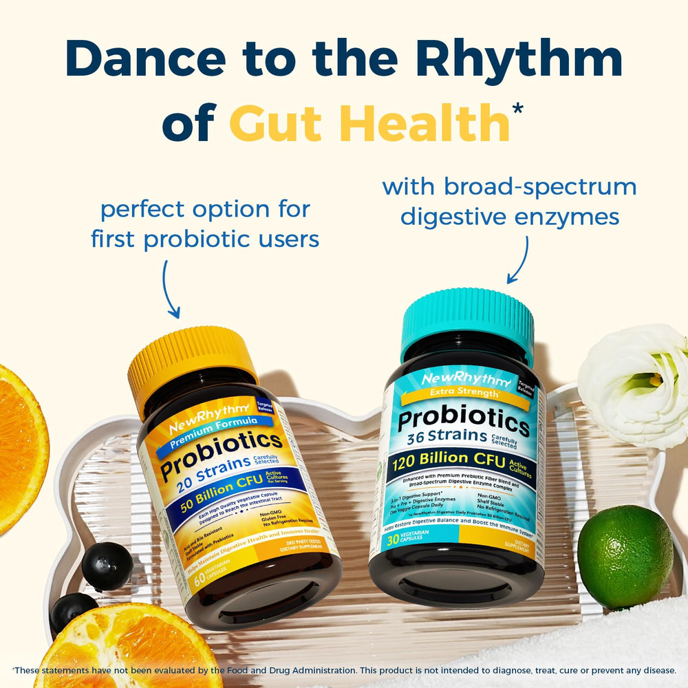 NewRhythm Probiotics non-GMO gluten-free badge confirms clean ingredients