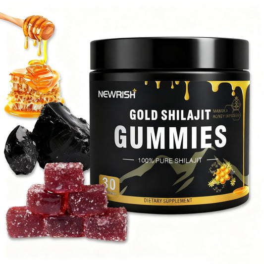 Newrish Shilajit Gummies with Manuka honey close-up showing premium flavor and minerals