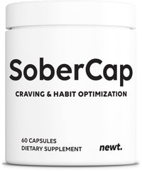 Newt SoberCap bottle close-up shows craving-control support in a tidy workspace.