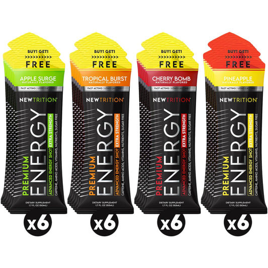 NewTrition Extra Strength Energy Shot blue raspberry bottle boosts focus with zero sugar.